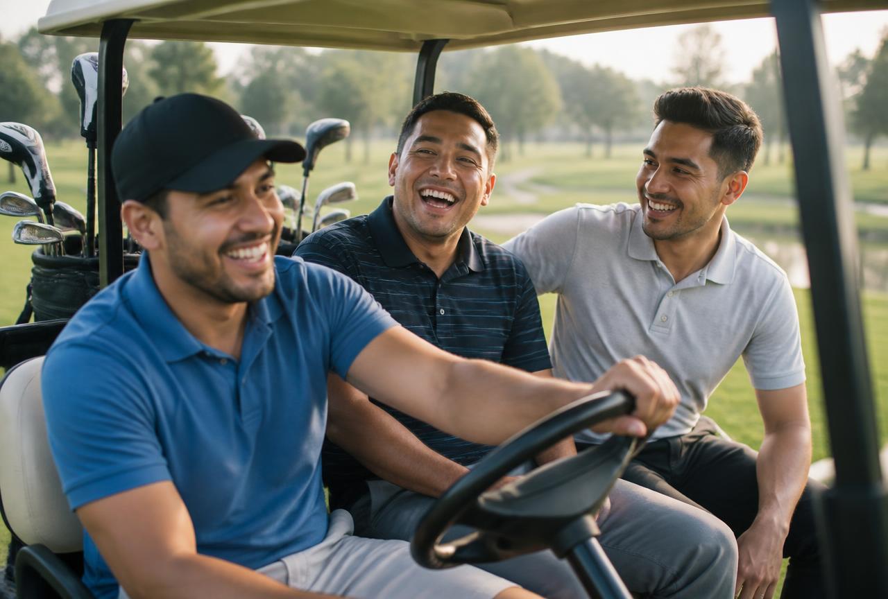 Tres amigos golfistas riendo en un carro de golf