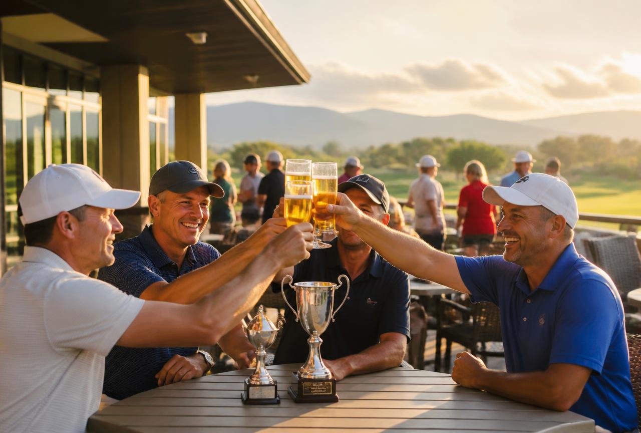 Golfistas brindando en la terraza del club tras el torneo