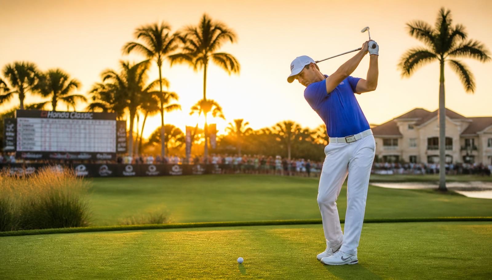 Golfista ejecutando su swing al amanecer